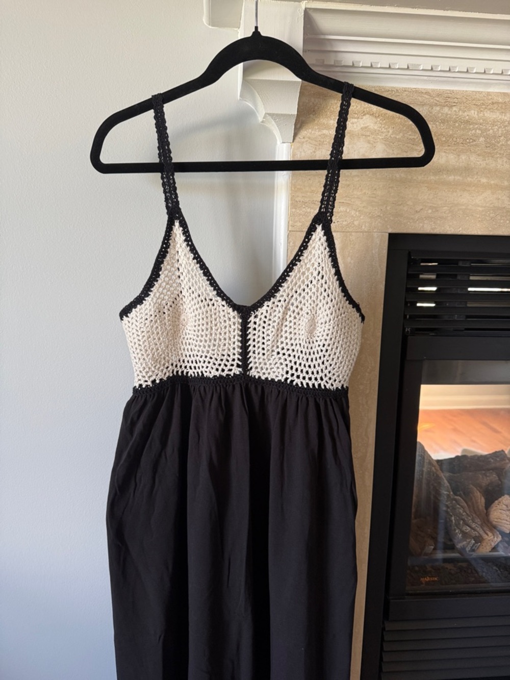 Mango Black and Cream Crochet Bodice Maxi Dress NWT